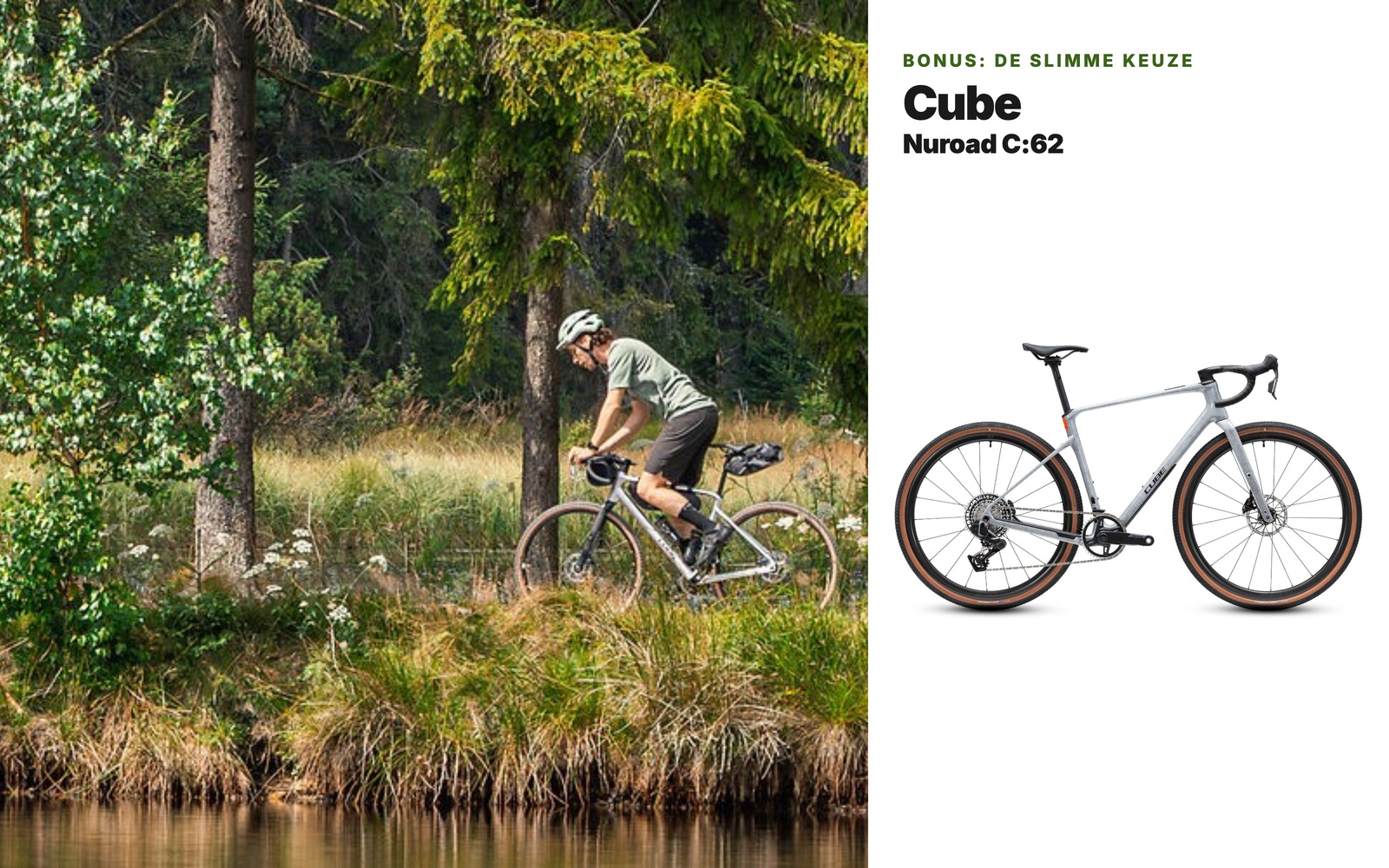 Cube Nuroad C:62 gravelbike bij een meer in het bos